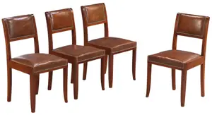 FOUR FRENCH ART DECO SIDE CHAIRS C 1940 UPHOLSTERED IN LEATHER.