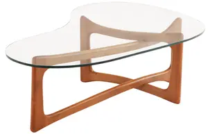 WOOD AND GLASS COFFEE TABLE IN THE MANNER OF ROBSJOHN-GIBBINGS.