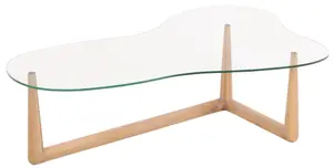 WOOD AND GLASS COFFEE TABLE IN THE MANNER OF ROBSJOHN-GIBBINGS.