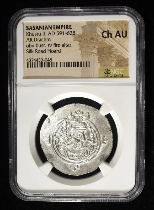 AD 591-628 KHUSRU II AR DRACHM NGC CH AU from auction in Findlay, Ohio — image 21