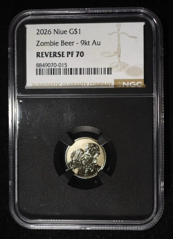 2026 NIUE G$1 ZOMBIE BEER 9KT AU REVERSE PF70 NGC from auction in Findlay, Ohio — image 24