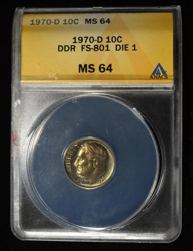 1970-D ROOSEVELT DIME DDR ANACS MS64 FS DIE1 from auction in Findlay, Ohio — image 4