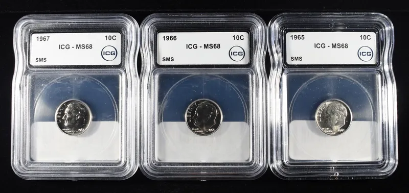 1967, 66 & 65 ROOSEVELT DIMES ICA MS68 SMS from auction in Findlay, Ohio — image 45