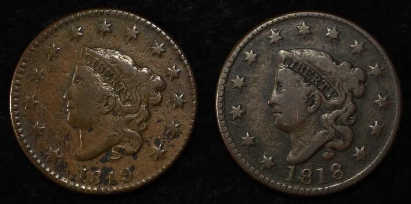 2 LARGE CENTS 1818 FINE & 1819 FINE-SCRATCHES REV. from auction in Findlay, Ohio — image 30
