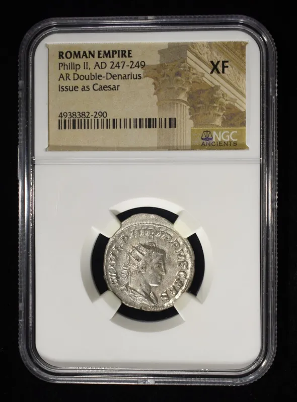 AD 247-249 PHILIP II AR DOUBLE-DENARIUS NGC XF from auction in Findlay, Ohio — image 23