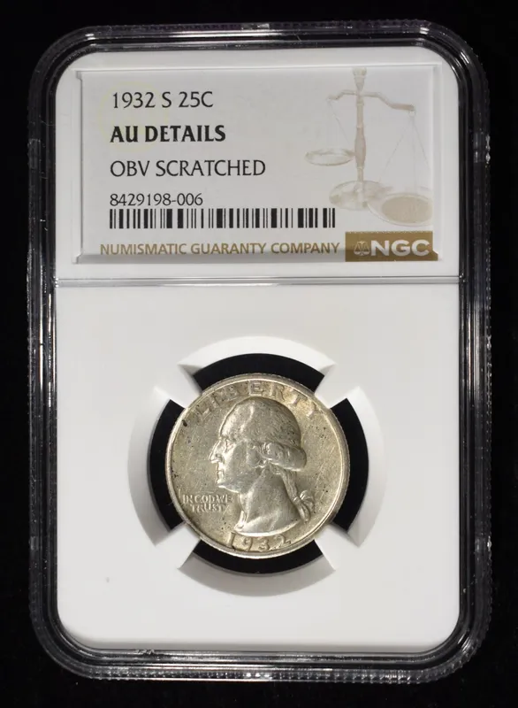 1932-S WASHINGTON 25C NGC AU DETAILS OBV SCRATCHED from auction in Findlay, Ohio — image 7
