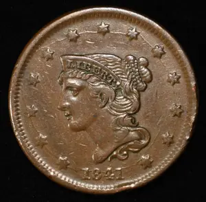 1841 LARGE CENT XF/AU RIM BUMPS