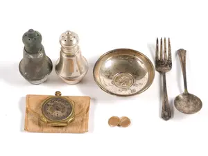 Sterling Silver Dish, Forks & Weighted Salt & Pepper Shakers