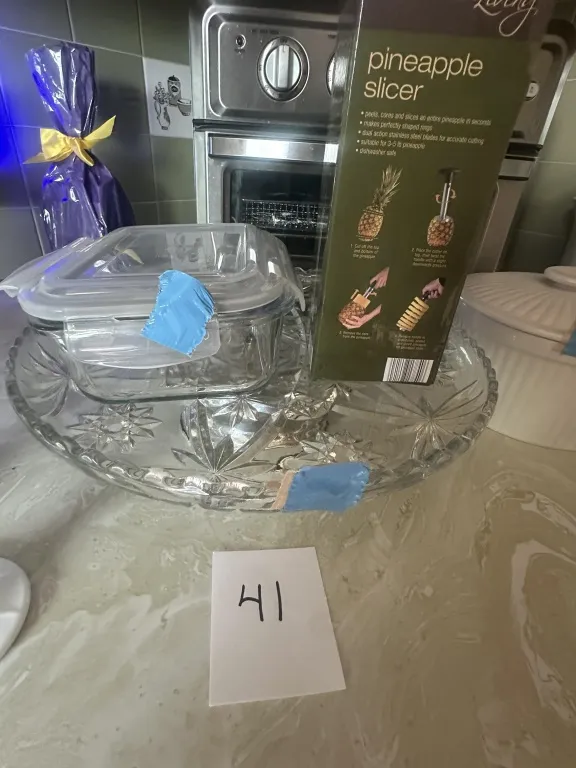 Cut Glass Platter, Pineapple Slicer & Glass from auction in Clifford , Pennsylvania — image 45