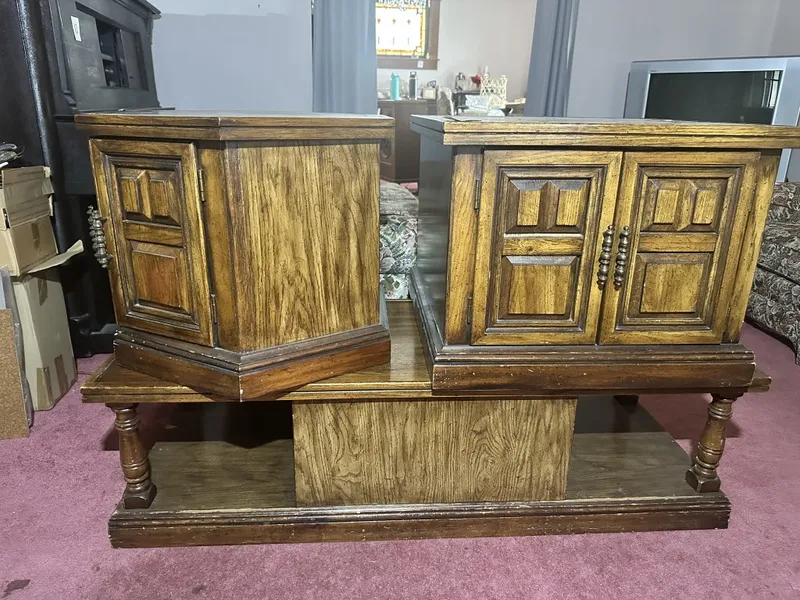 3-Piece Living Room Table Set matching coffee table and 2 end tables with cabinet storage. Includes octagonal end table, square end table, and coffee table from auction in Clifford , Pennsylvania — image 10