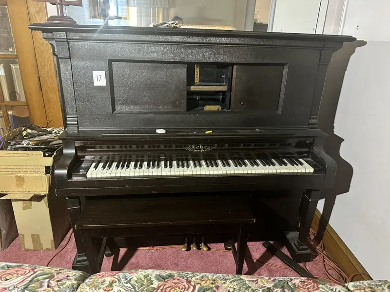 Lehr Upright Player Piano Lehr Easton, PA upright player piano with bench. Includes player mechanism as shown from auction in Clifford , Pennsylvania — image 9