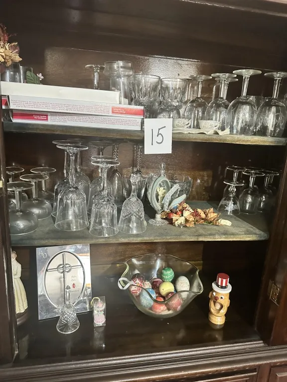 Hutch Contents With Glassware & Decor assorted glassware, stemware, teacups, holiday decor, ornaments, bells, and small decorative items from hutch from auction in Clifford , Pennsylvania — image 12