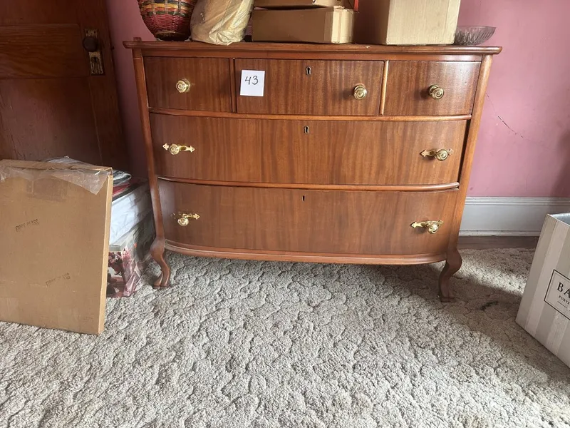 Wood Dresser wood dresser with 2 large drawers, 3 small upper drawers, brass-tone pulls, and curved front.  Approx 45" Long from auction in Clifford , Pennsylvania — image 44