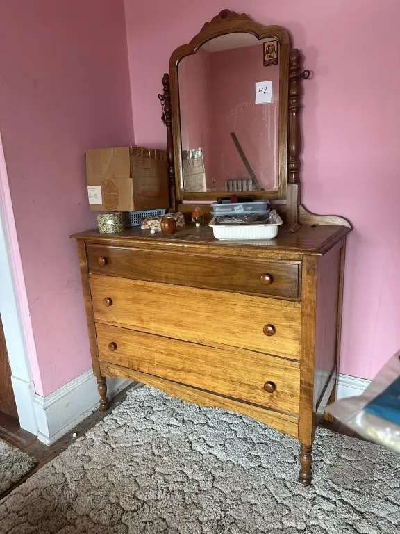 Dresser With Mirror 3-drawer dresser with attached mirror. Measures approx. 40" wide from auction in Clifford , Pennsylvania — image 43