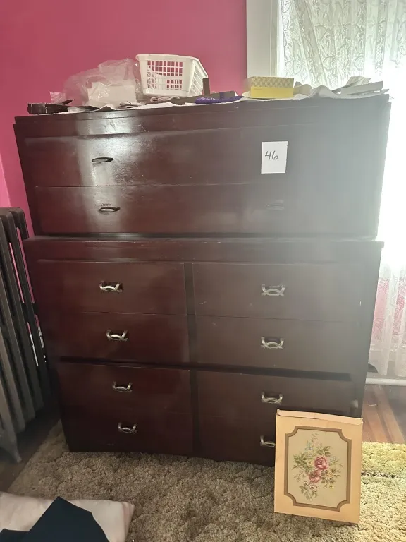 Chest On Chest Dresser 2-piece stacked dresser with upper drawers over lower dresser base. Contents not included.  Measures Approx 40" w and 48" tall from auction in Clifford , Pennsylvania — image 47
