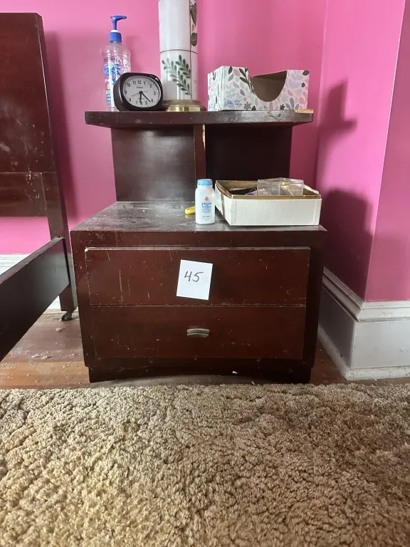 Pair Of Mid-Century Era Nightstands matching pair of wood nightstands with 2 drawers and open shelf area. Contents not included from auction in Clifford , Pennsylvania — image 46