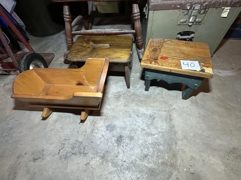 Lot of Wooden Stools and Cradle from auction in Clifford , Pennsylvania — image 39