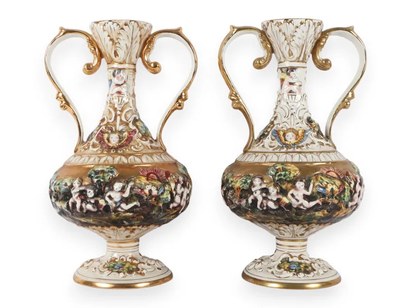 A Pair of Capodimonte Polychrome and Gilded Two-Handle Porcelain Vases from auction in Atlanta, Georgia — image 6