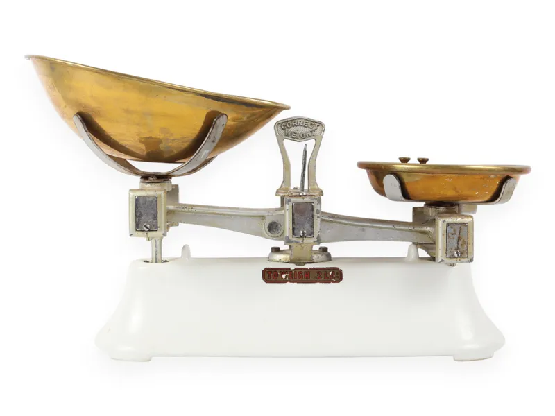 Antique Cast Metal and Enamel Balance Scale with Seven Brass Weights from auction in Atlanta, Georgia — image 30