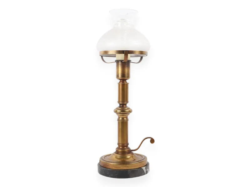 Neoclassical Style Brass Tone and Marble Table Lamp with Etched Glass Shade from auction in Atlanta, Georgia — image 32