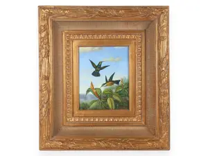 Naturalistic Oil on Canvas Painting of Hummingbirds and Tropical Flora in Ornate Gilded Frame