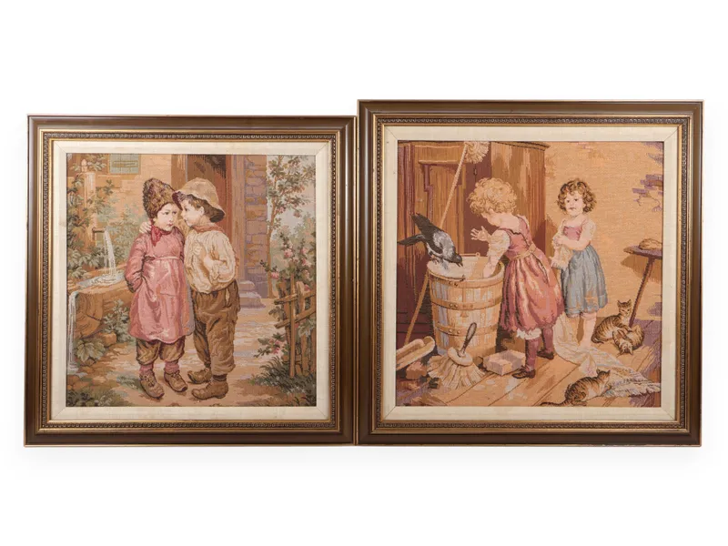 A Pair of Framed Machine Woven French Genre Scene Tapestries Depicting Children from auction in Atlanta, Georgia — image 6