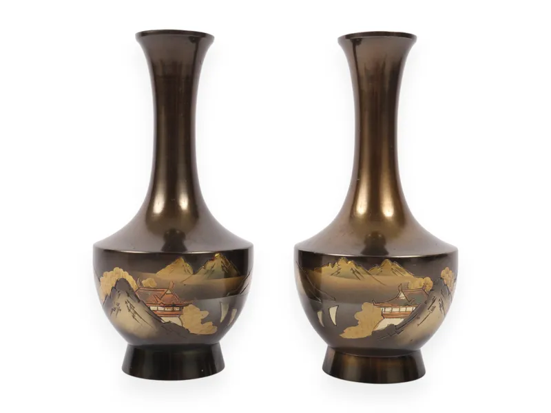 A Pair of Japanese Mixed Metal Chokin Vases with Landscape Decoration from auction in Atlanta, Georgia — image 23