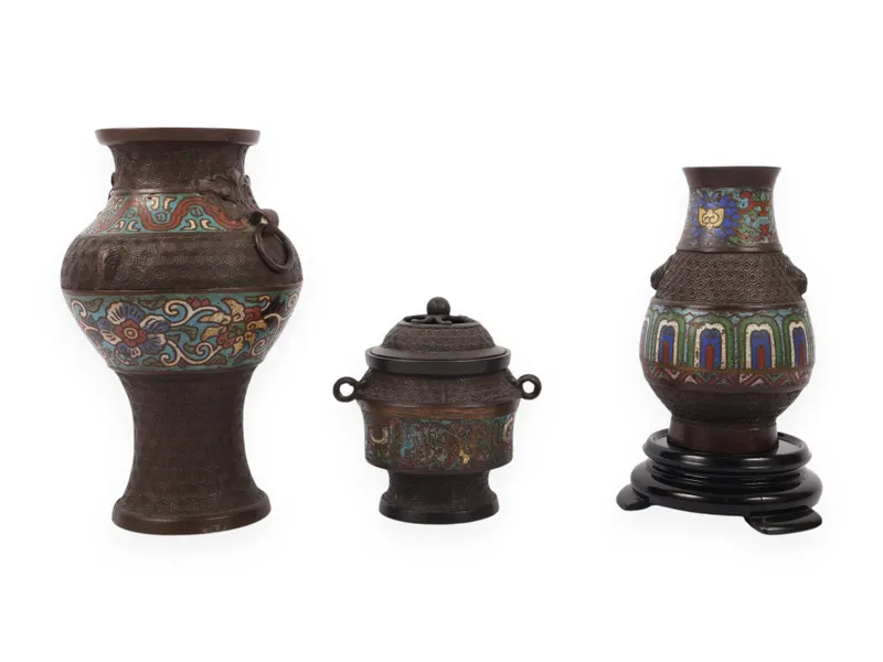 Three Japanese Bronze and Champleve Enamel Export Vessels from auction in Atlanta, Georgia — image 22