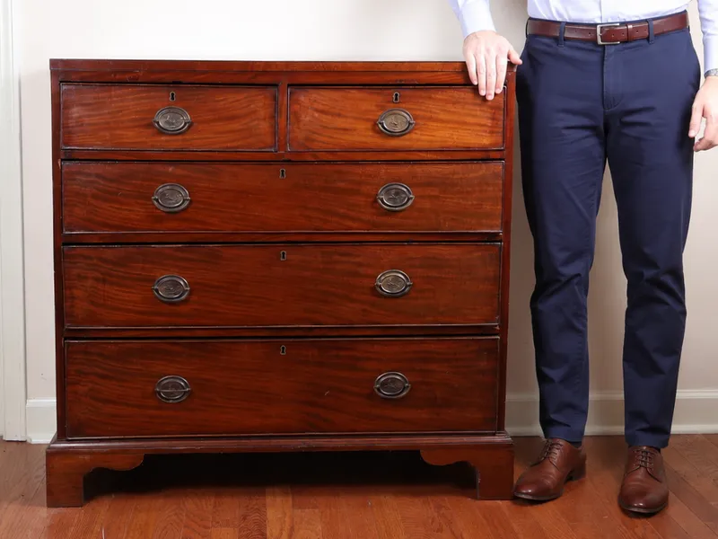 George III Hepplewhite Style Mahogany Two Over Three Chest of Drawers with Leaping Stag Brasses from auction in Atlanta, Georgia — image 45