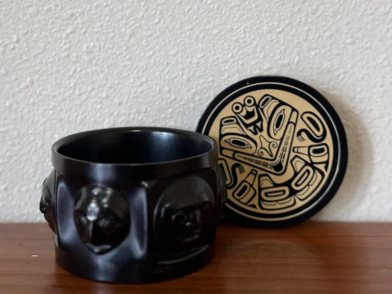 BOMA CARVED BLACK STONE ROUND LIDDED BOX #1 from auction in Salem, Oregon — image 8