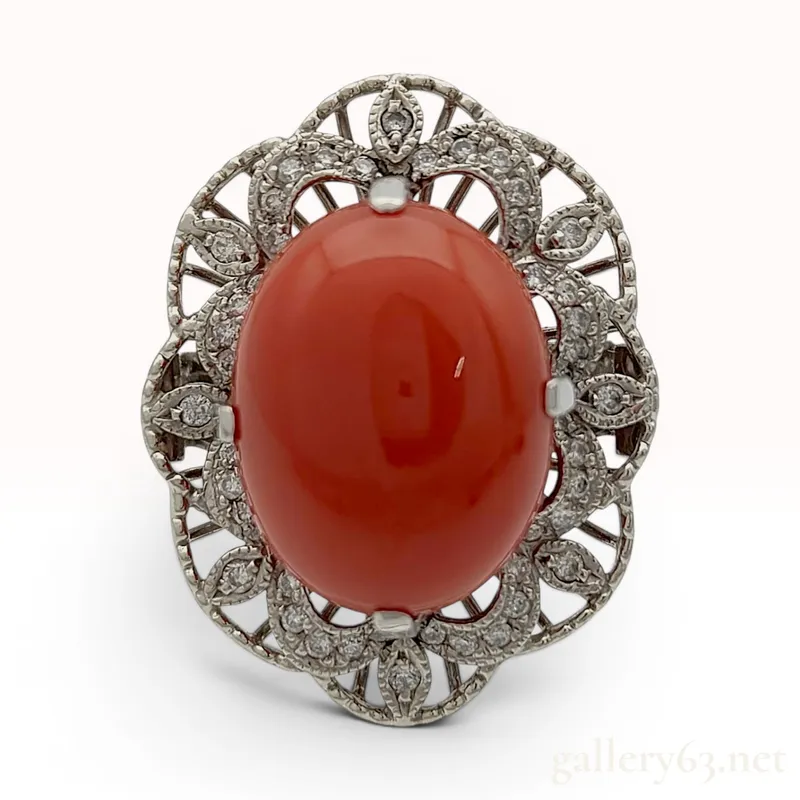 Antique Red Coral and Diamond Cocktail Ring in Pt900 Platinum from auction in Atlanta, Georgia — image 6