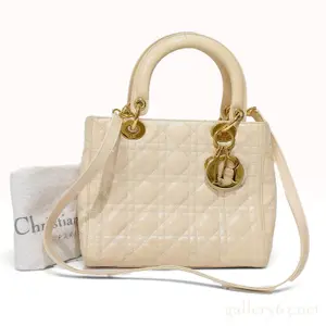 Vintage Christian Dior Cannage Lady Dior Beige Patent Leather Handbag Medium with Dust Bag