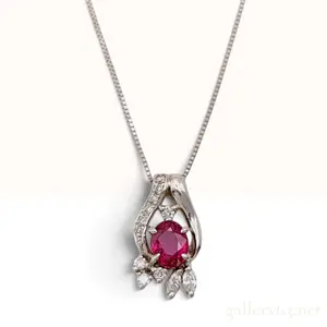 A Platinum 900 and 0.15ctw Diamond Pendant with Oval Ruby on a Platinum 850 Box Chain