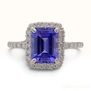 Platinum 1.75ct Emerald Cut Tanzanite and 0.37ctw Diamond Halo Ring size 7
