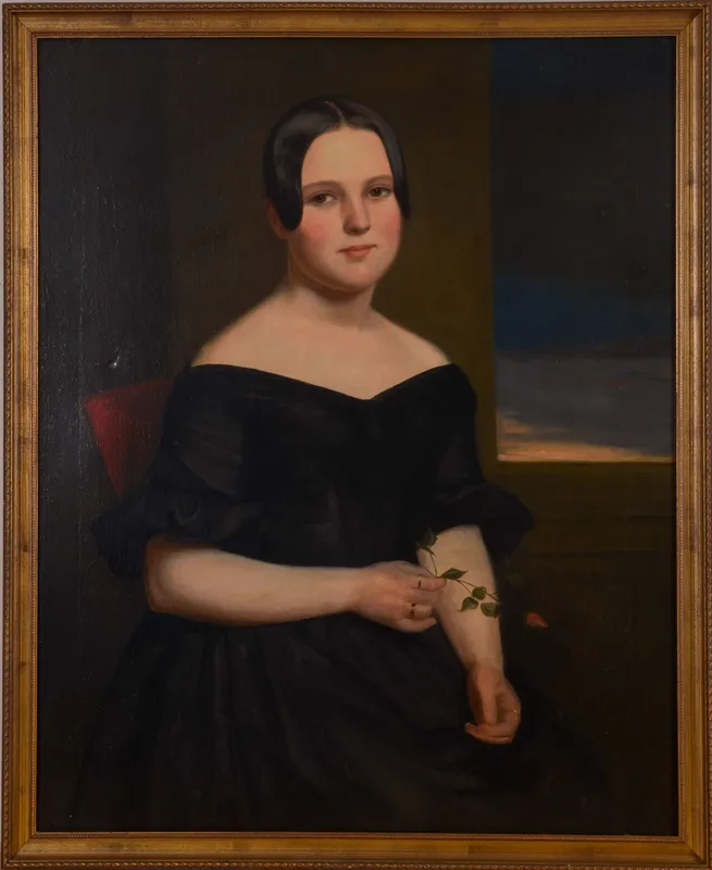 19TH CENTURY AMERICAN SCHOOL FOLK ART PORTRAIT OF A WOMAN. from auction in Freeport, Maine — image 10