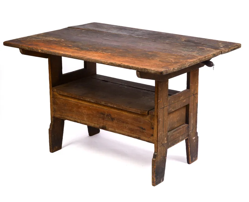 NEW ENGLAND PINE PAINT-DECORATED HUTCH TABLE. from auction in Freeport, Maine — image 43