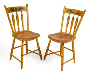GOOD PAIR YELLOW PAINTED ARROW BACK WINDSOR CHAIRS.