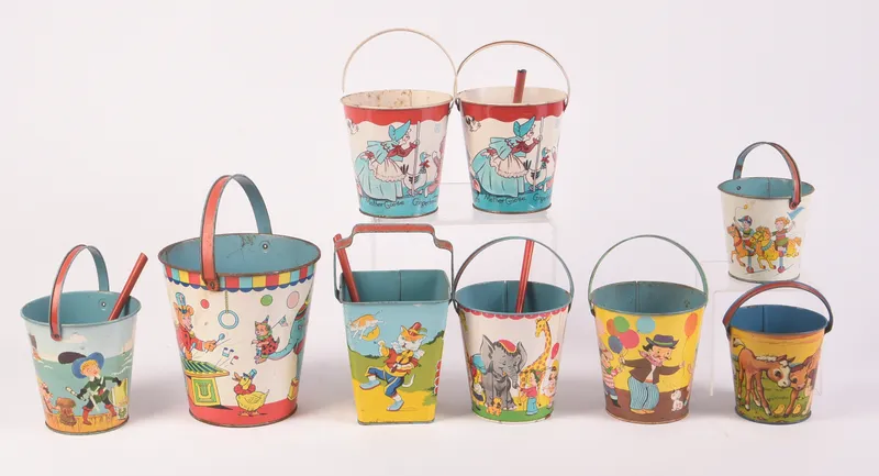 Nine Vintage Metal Children's Beach Pails. from auction in Freeport, Maine — image 4