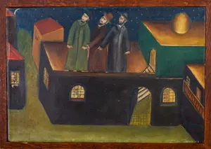 OUTSIDER ART PAINTING OF THREE MEN ON A ROOFTOP.