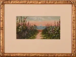 EARLY 20TH CENTURY WATERCOLOR OF HOLLYHOCK LANE, PROVINCETOWN.