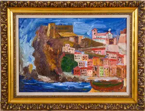 PAINTING OF A EUROPEAN SEASIDE VILLAGE.