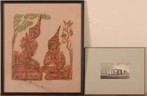 TIBETAN TEMPLE RUBBING AND A PRINT OF STONEHENGE.