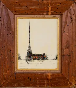 MID CENTURY MODERN PAINTING WITH CATHEDRAL.