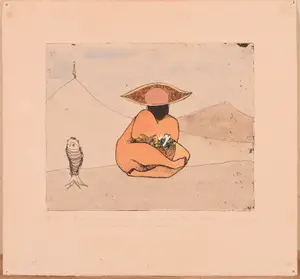 HAND COLORED ENGRAVING WITH WOMAN AND FISH.