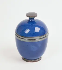 STERLING AND CERAMIC LIDDED JAR.