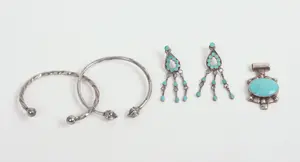 TWO BRACELETS AND A TURQUOISE BROOCH AND EARRINGS.