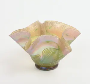 TIFFANY FAVRILE GLASS HANDKERCHIEF VASE.