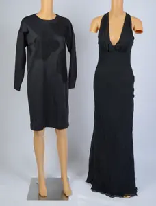 TWO BLACK DESIGNER DRESSES.