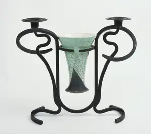 STUDIO POTTERY VASE WITH WROUGHT IRON CANDLESTICKS.