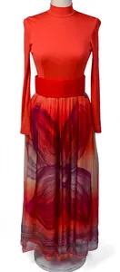 HAND PAINTED RED TIERED CHIFFON DRESS.